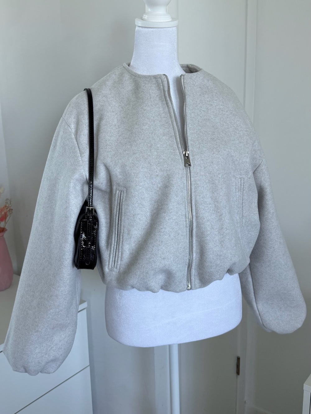 ZARA Light Grey Cropped Felted Bomber Jacket Round Neck Zip Up XS